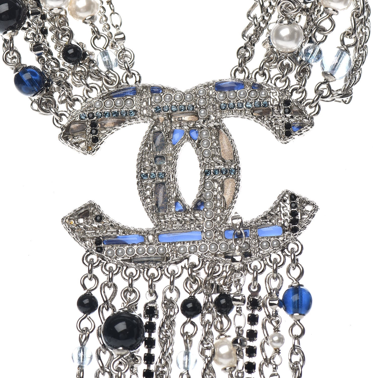 Chanel Beaded Multi Strand CC Necklace Silver Blue 3 of 5