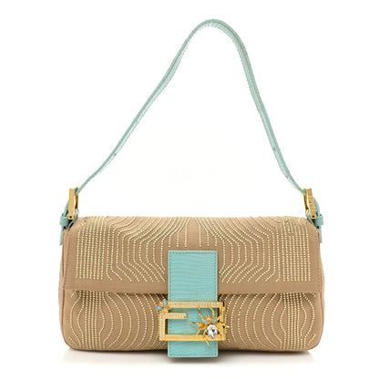 Fendi Fabric Lizard Studded Spider Baguette Tortora Celeste 1 of 15