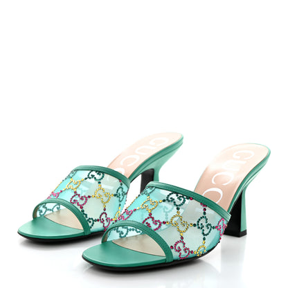 Gucci Tela Retino Nappa Crystal GG Monogram Square G 95mm Slide Sandals 37.5 Turquoise 3 of 8