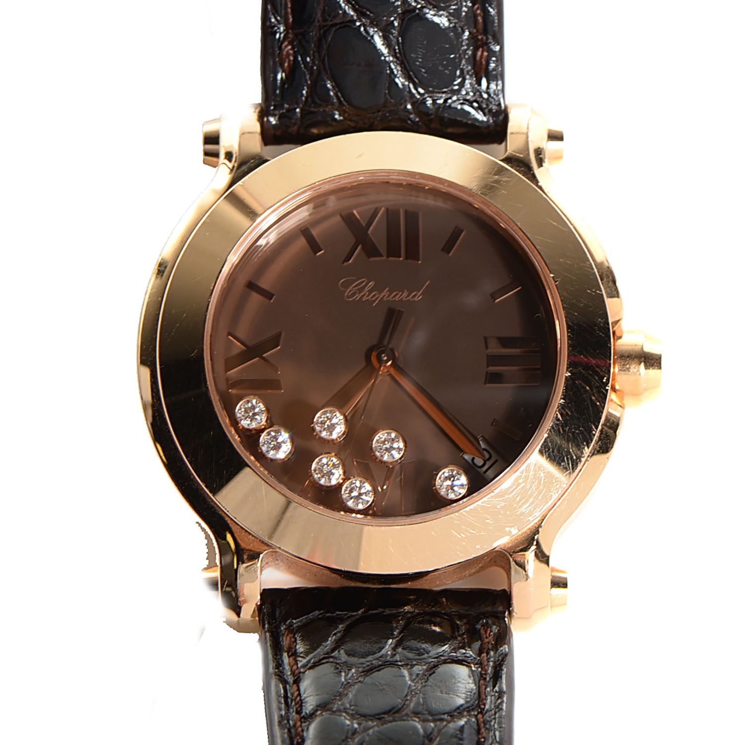 Chopard 18K Rose Gold Alligator 7 Diamond 36mm Happy Sport Quartz Watch Champagne 1 of 9