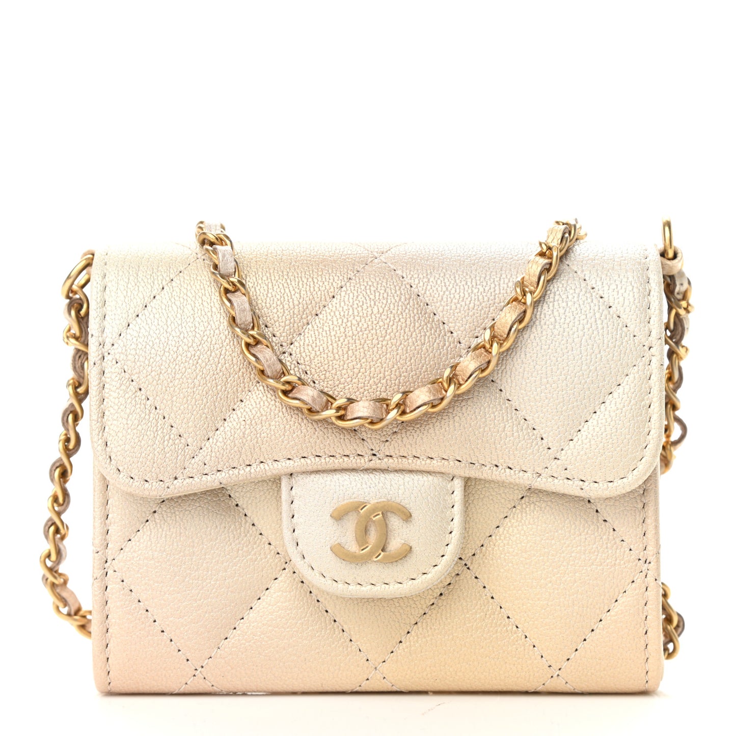 Metallic Goatskin Quilted Ombre Classic Clutch With Chain Beige