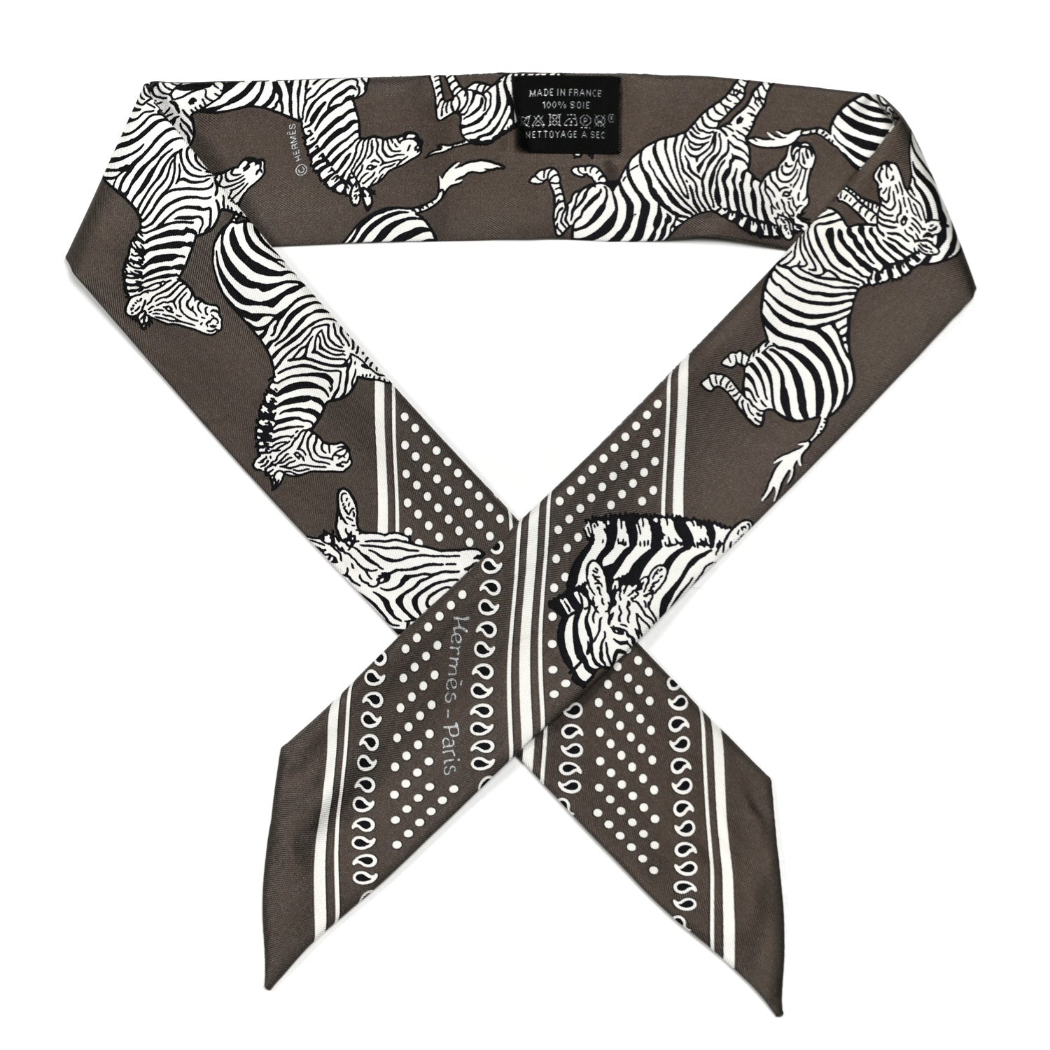 Hermes Silk Les Zebres Twilly Gris Taupe Black White 1 of 3
