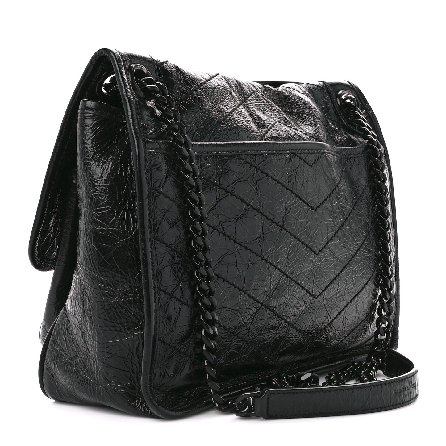 Crinkled Calfskin Matelasse Monogram Medium Niki Chain Satchel Black