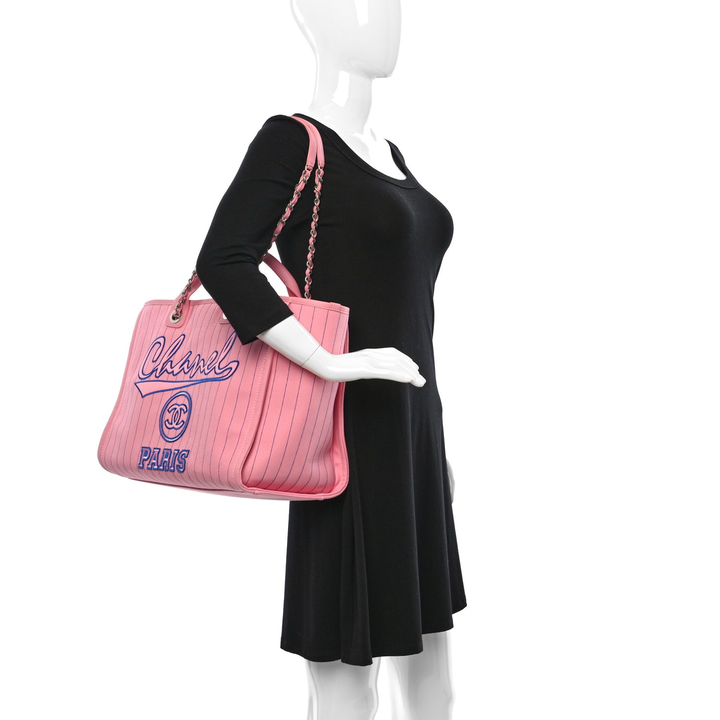 Canvas Calfskin Striped Large Deauville Tote Pink Blue