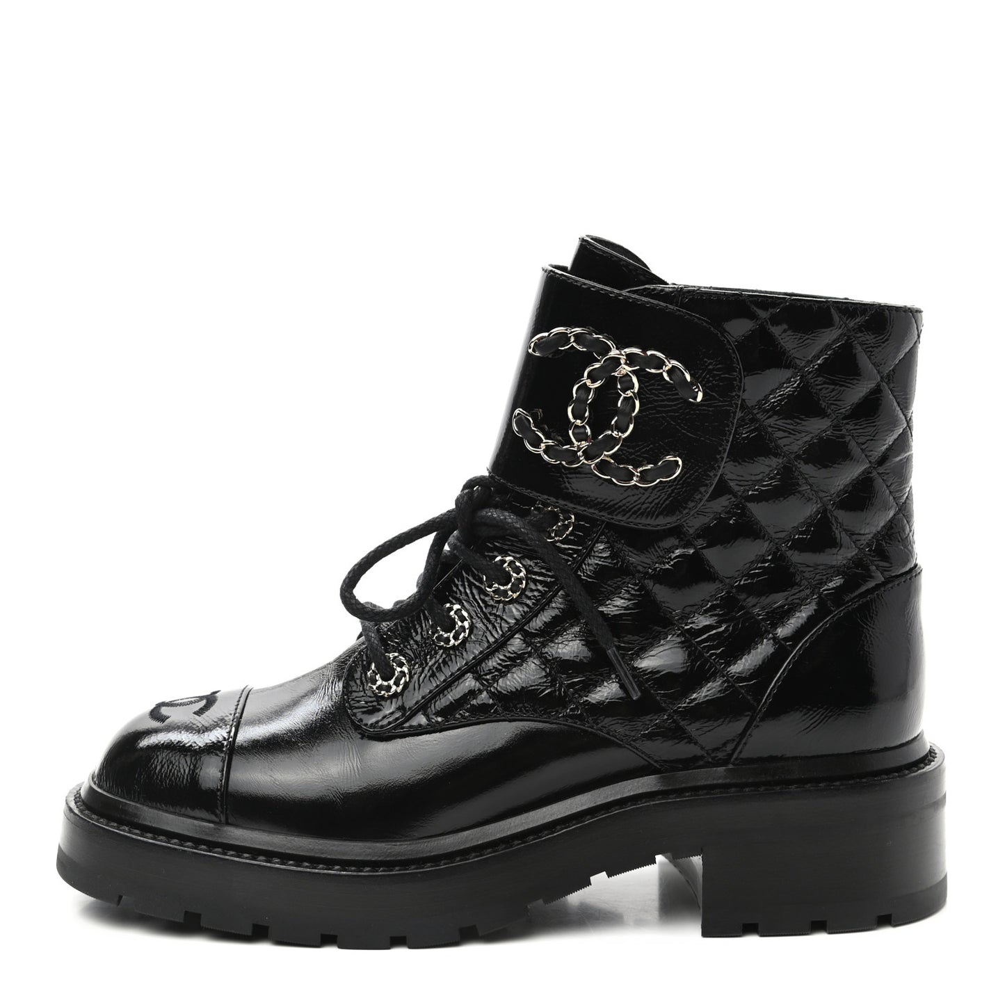 Shiny Calfskin Quilted Lace Up Combat Boots 36.5 Black