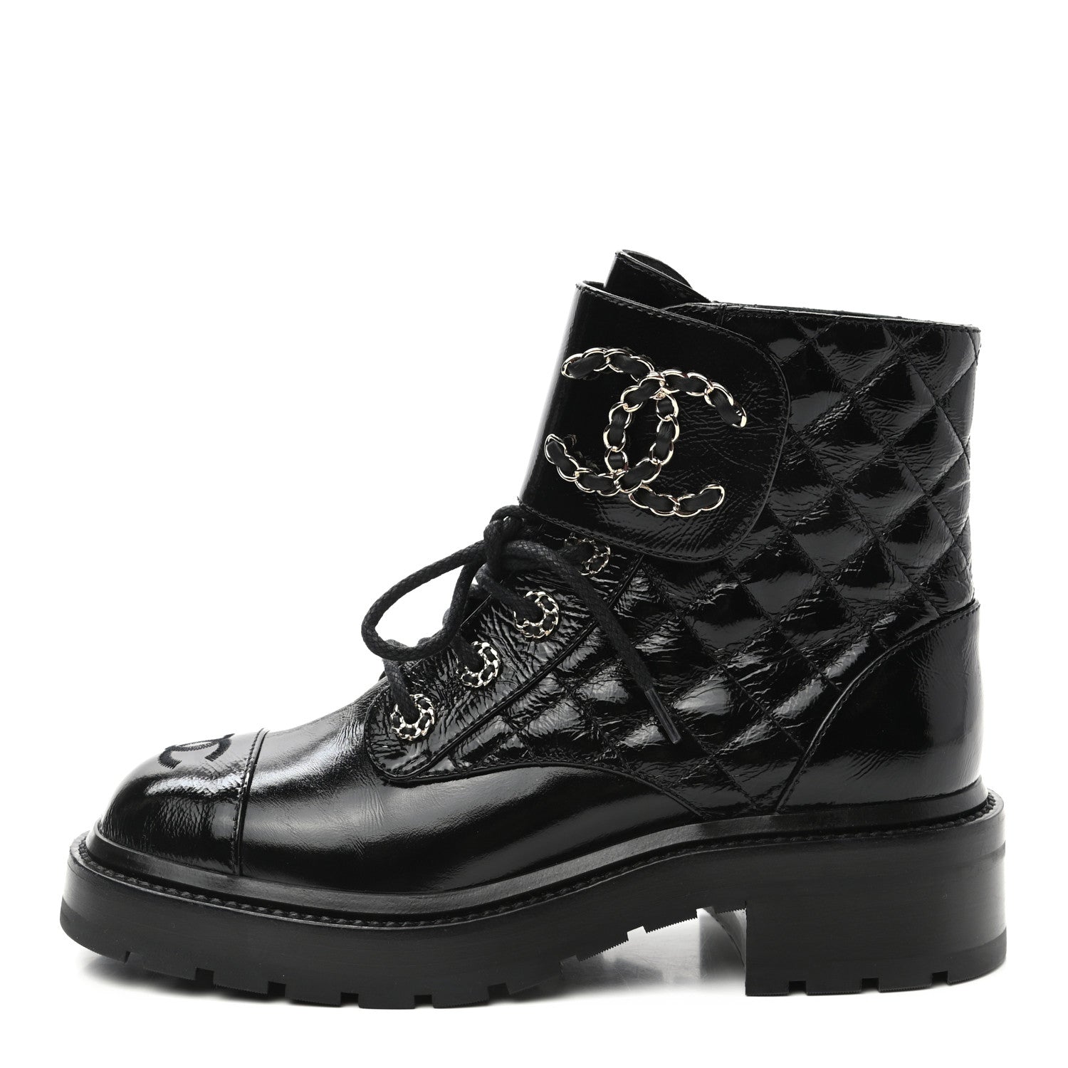 Chanel Shiny Calfskin Quilted Lace Up Combat Boots 36.5 Black 1 of 8