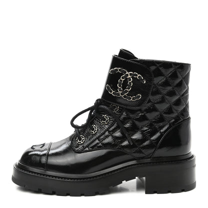 Chanel Shiny Calfskin Quilted Lace Up Combat Boots 36.5 Black 1 of 8