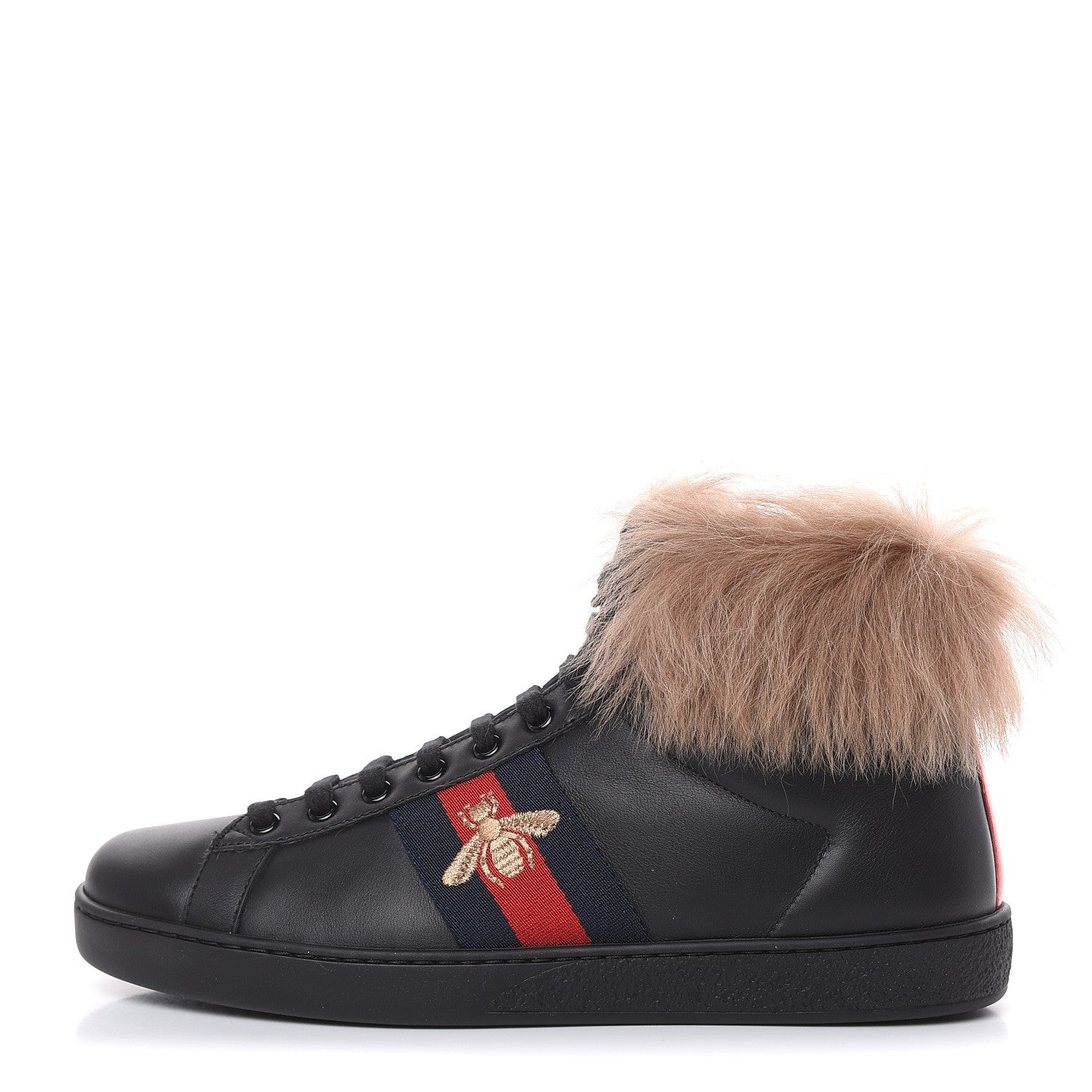 Gucci Calfskin Wool Web Bee Embroidered Mens Ace High Top Sneakers 7 Black 1 of 8