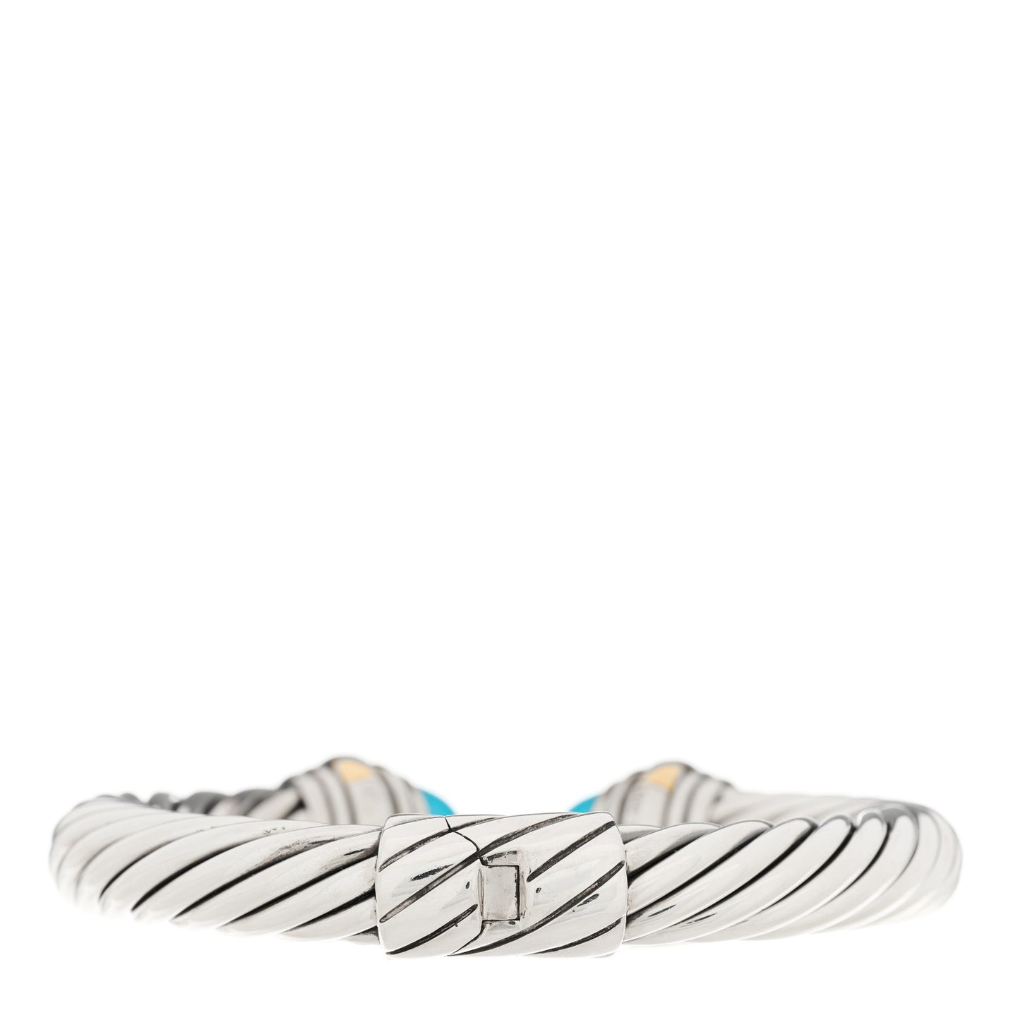 Sterling Silver 14K Yellow Gold Turquoise 10mm Hinged Cable Bracelet