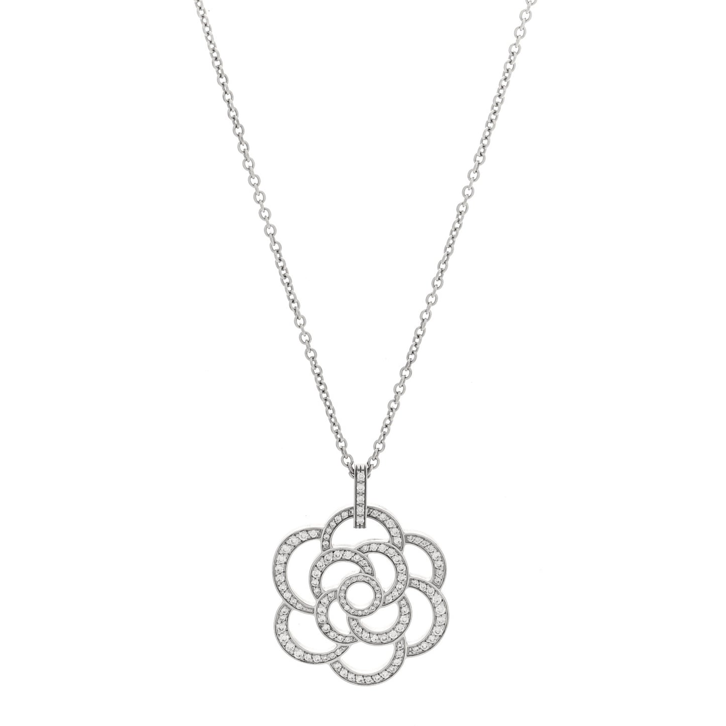 18K White Gold Diamond Camelia Ajoure Pendant Necklace