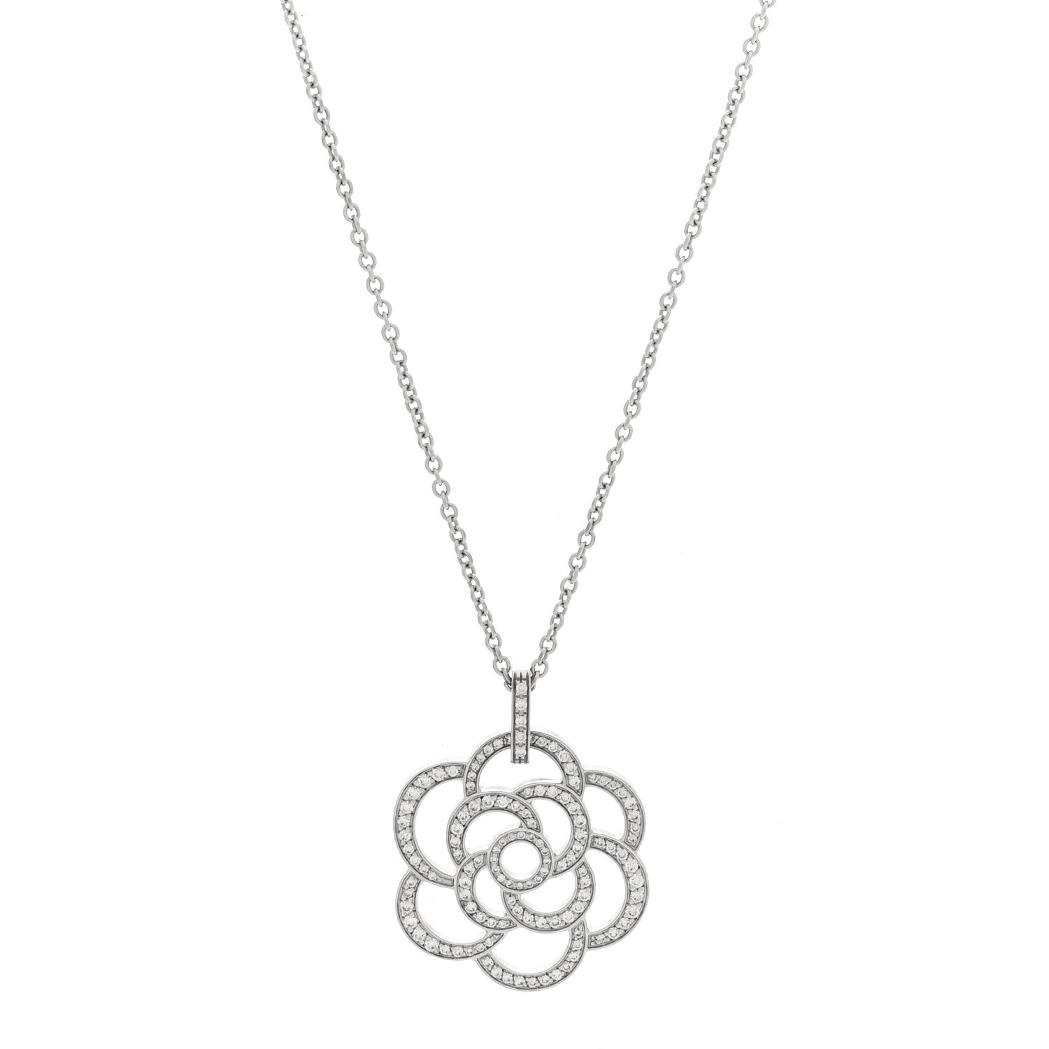 Chanel 18K White Gold Diamond Camelia Ajoure Pendant Necklace 1 of 5
