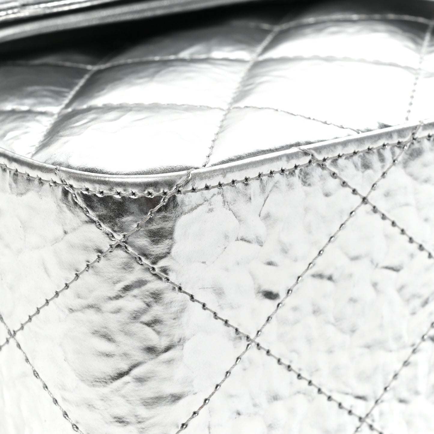Hammered Metallic Calfskin Quilted Small Double Flap Silver