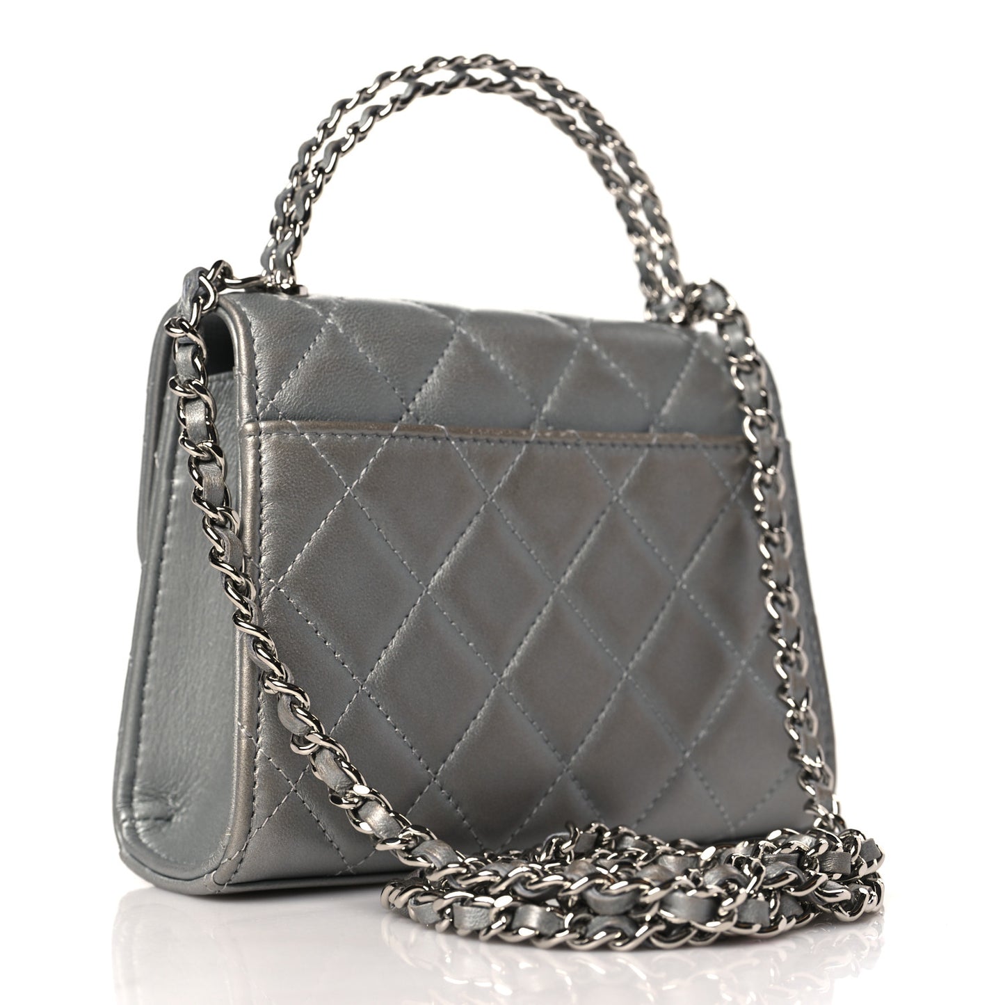Metallic Lambskin Quilted Chain CC Top Handle Clutch With Chain Silver