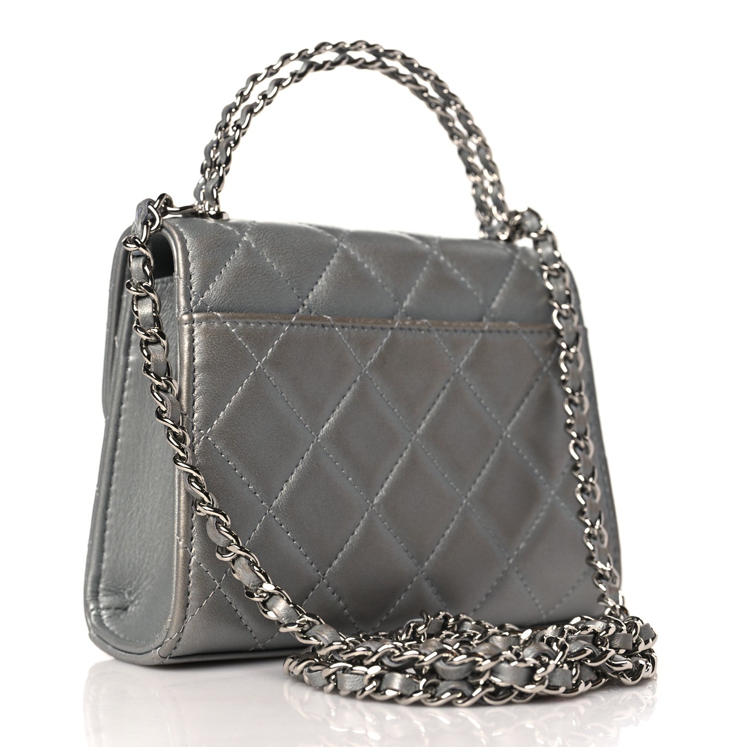 Chanel Metallic Lambskin Quilted Chain CC Top Handle Clutch With Chain Silver 2 of 10