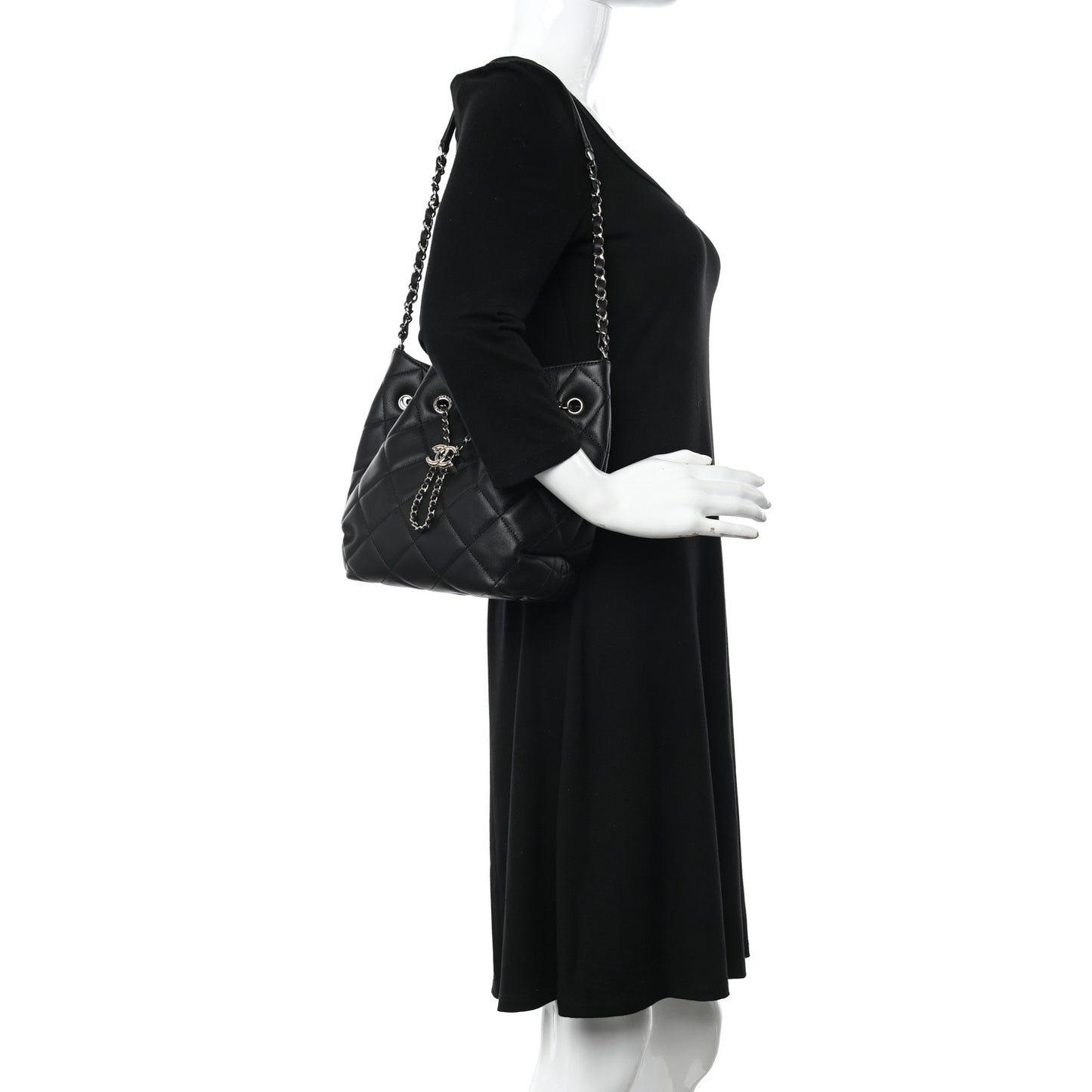 Lambskin Quilted CC Dweller Drawstring Bucket Bag Black