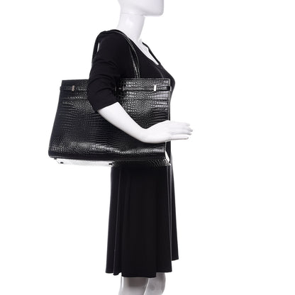 Saint Laurent Shiny Calfskin Crocodile Embossed Medium Manhattan Shopper Tote Black 2 of 9