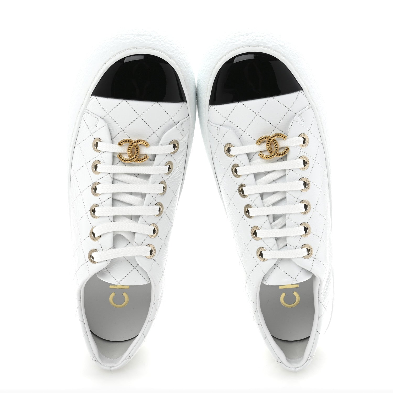 Chanel Crumpled Lambskin Patent Cap Toe CC Stitched Sneakers 41 White Black 2 of 10