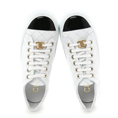 Chanel Crumpled Lambskin Patent Cap Toe CC Stitched Sneakers 41 White Black 2 of 10