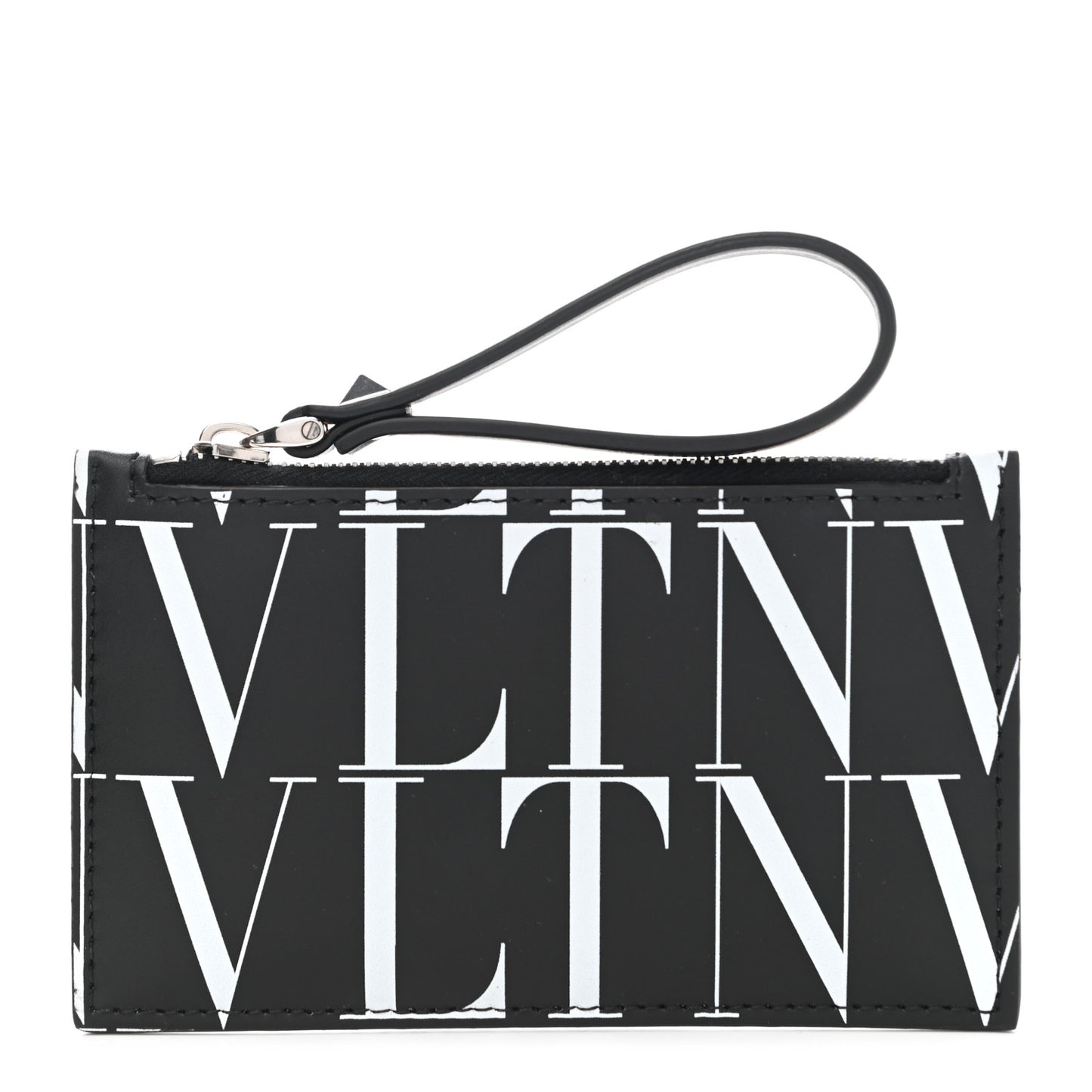 Calfskin VLTN Time Zip Coin Card Case Black White