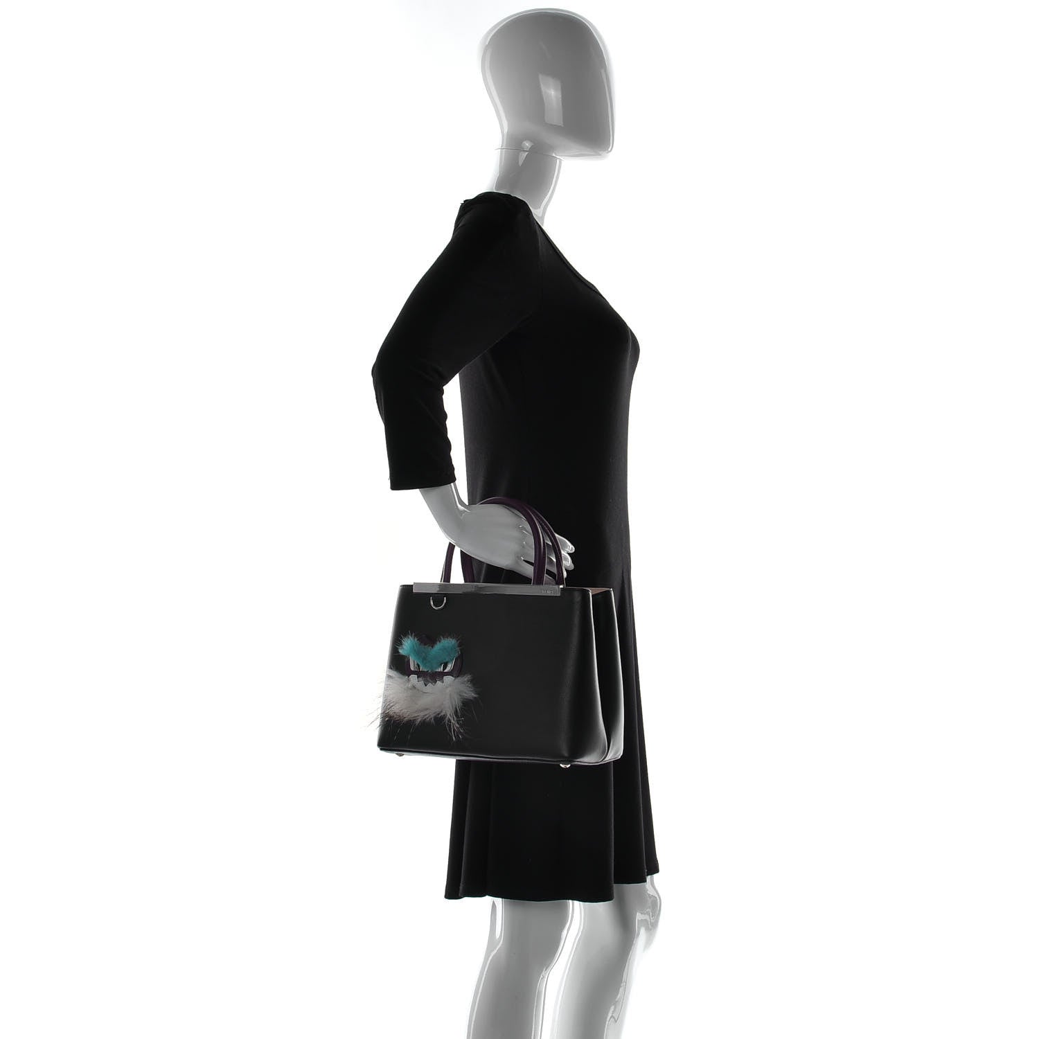Fendi Vitello Dolce Fox Mink Bi-Color Monster Mirror Charm Petite 2Jours Tote Black Bordeaux Acquamarine 2 of 10