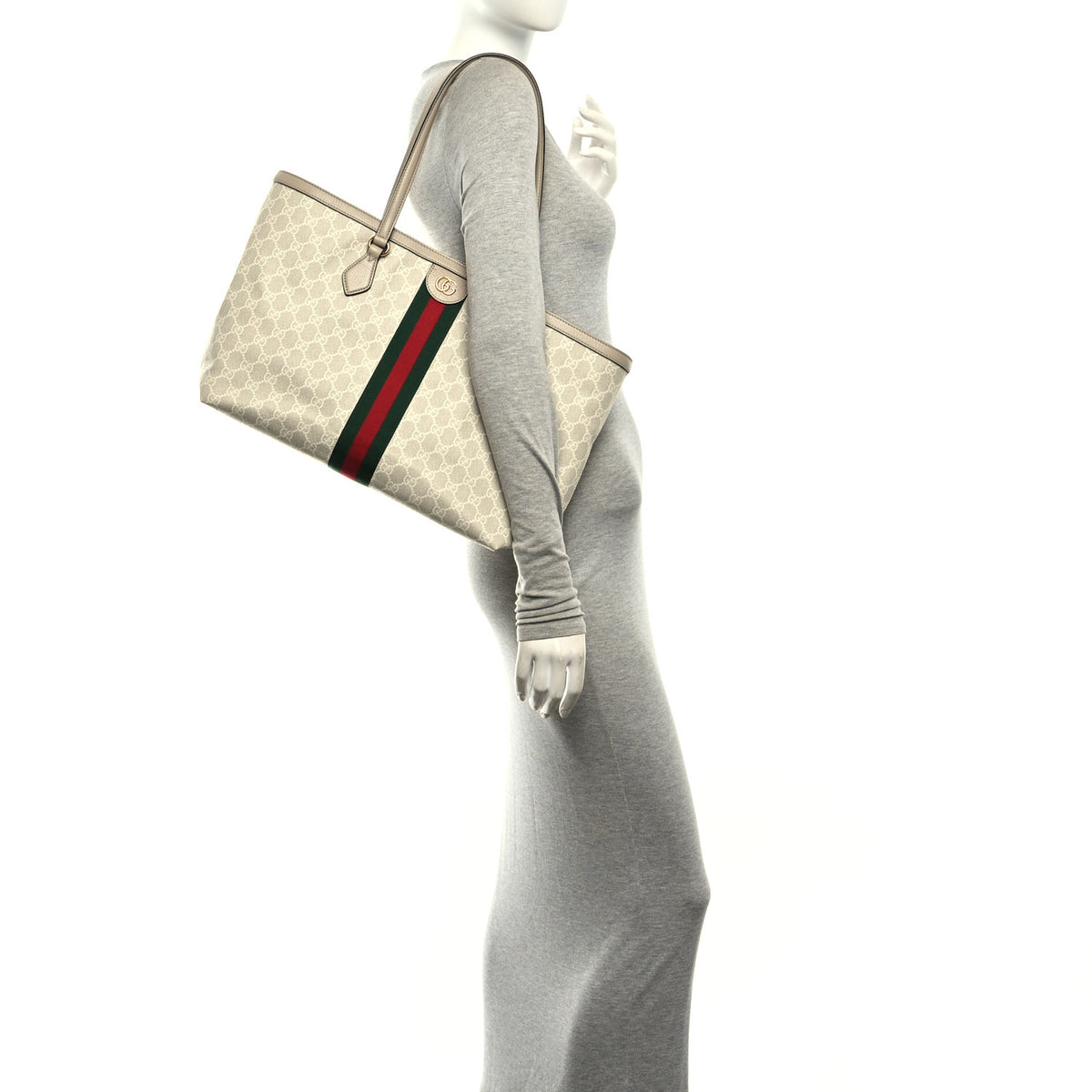 GG Supreme Monogram Textured Dollar Calfskin Web Large Ophidia Shopping Tote Beige Mystic White Oatmeal