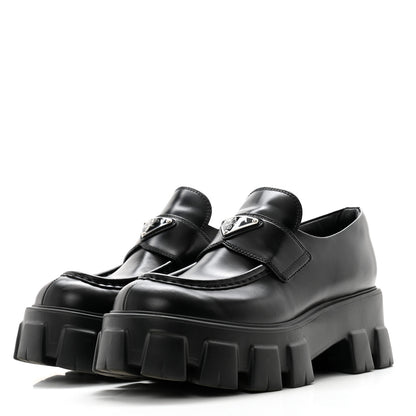 Prada Spazzolato Rois Metal Triangle Logo Monolith 55mm Loafers 38.5 Black 3 of 10