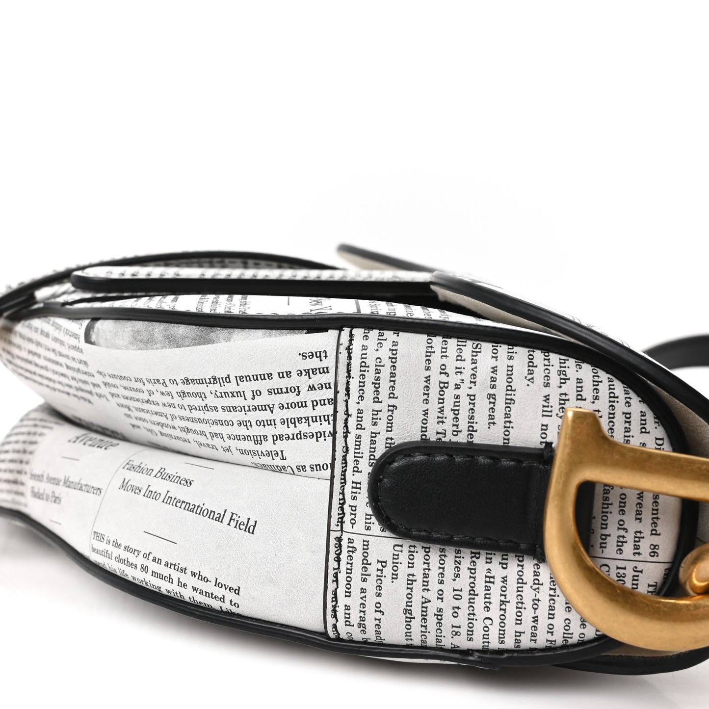 Calfskin Newspaper Printed Saddle Bag With Strap Black White