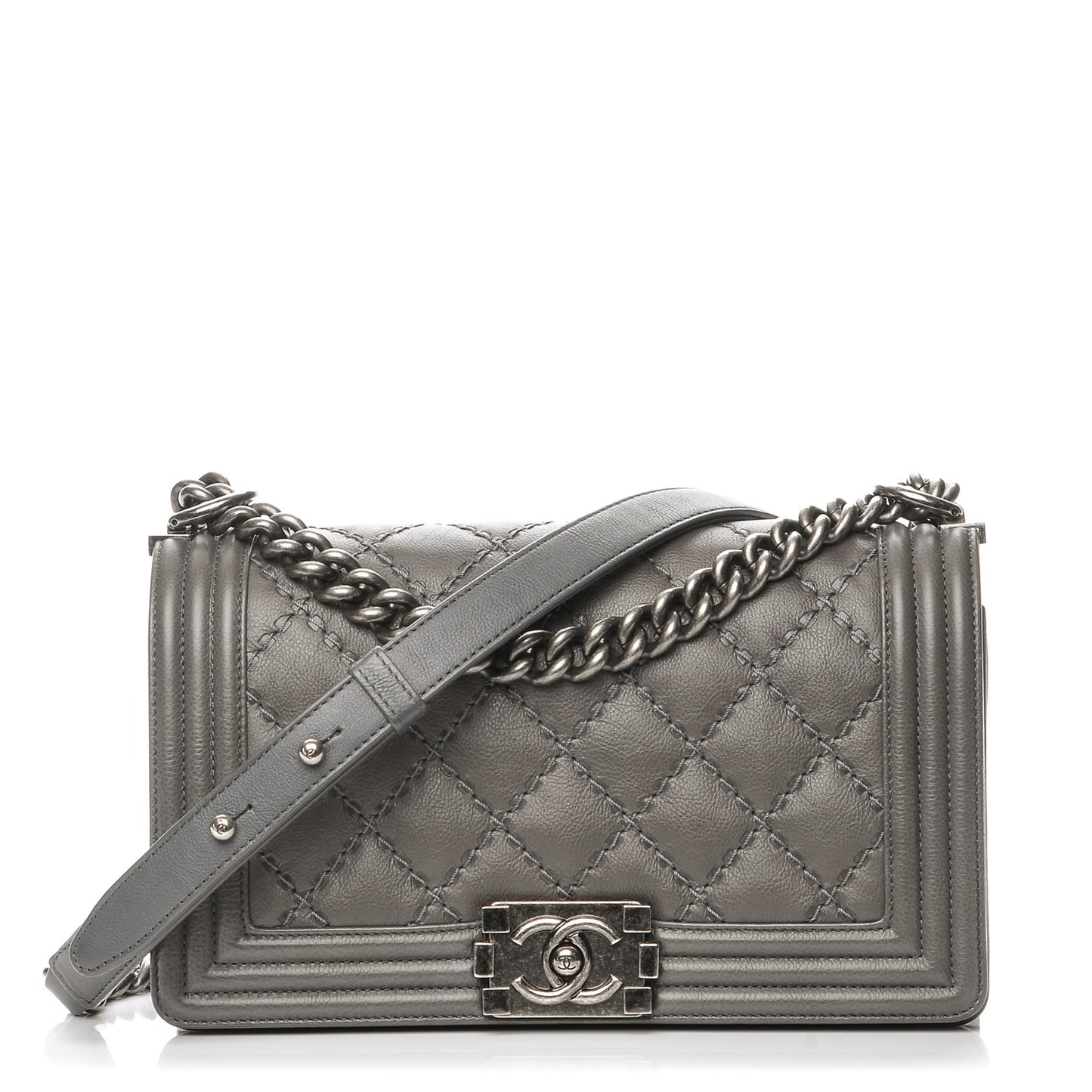 Calfskin Double Stitch Medium Boy Flap Grey