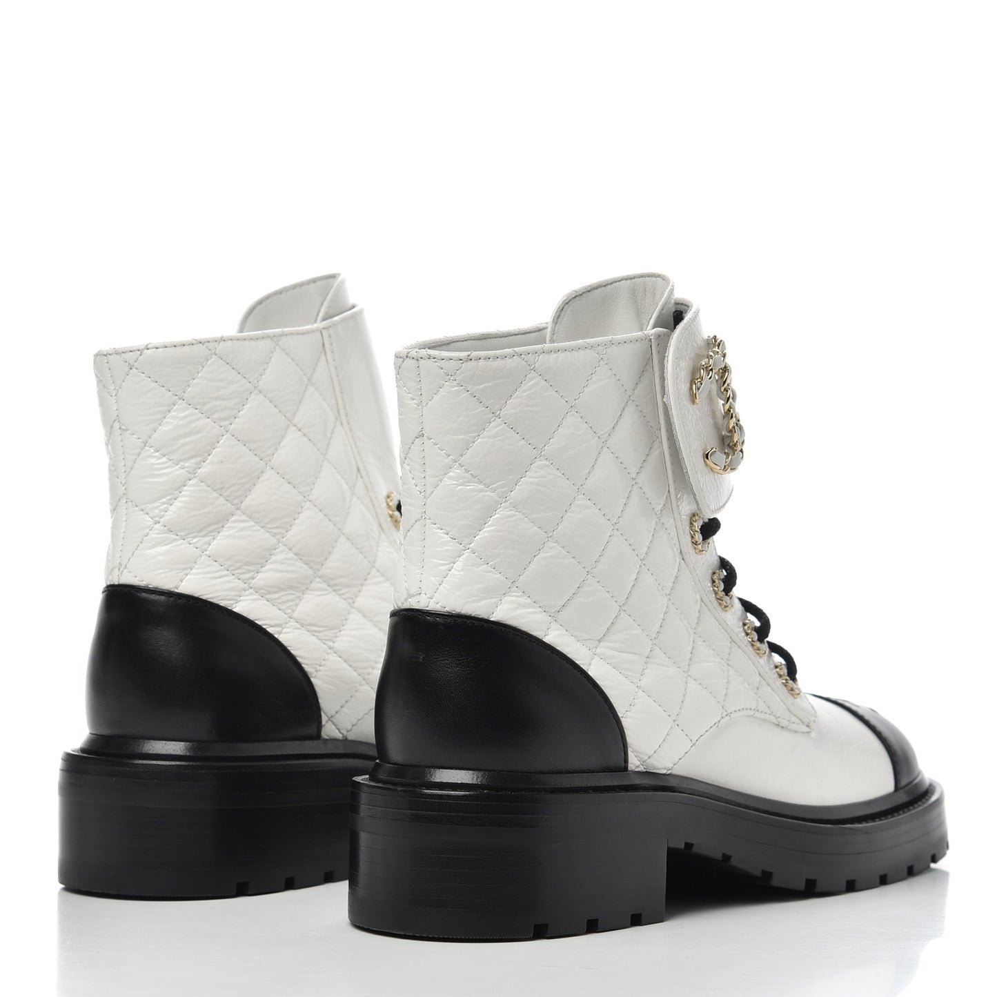Shiny Goatskin Calfskin Quilted Lace Up Combat Boots 36 White Black