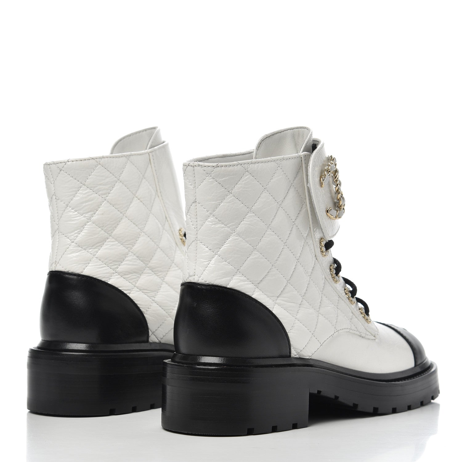 Chanel Shiny Goatskin Calfskin Quilted Lace Up Combat Boots 36 White Black 4 of 8