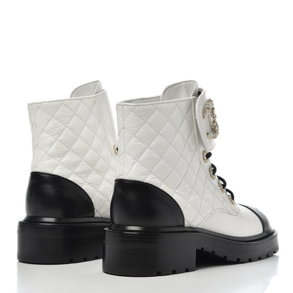 Chanel Shiny Goatskin Calfskin Quilted Lace Up Combat Boots 36 White Black 4 of 8
