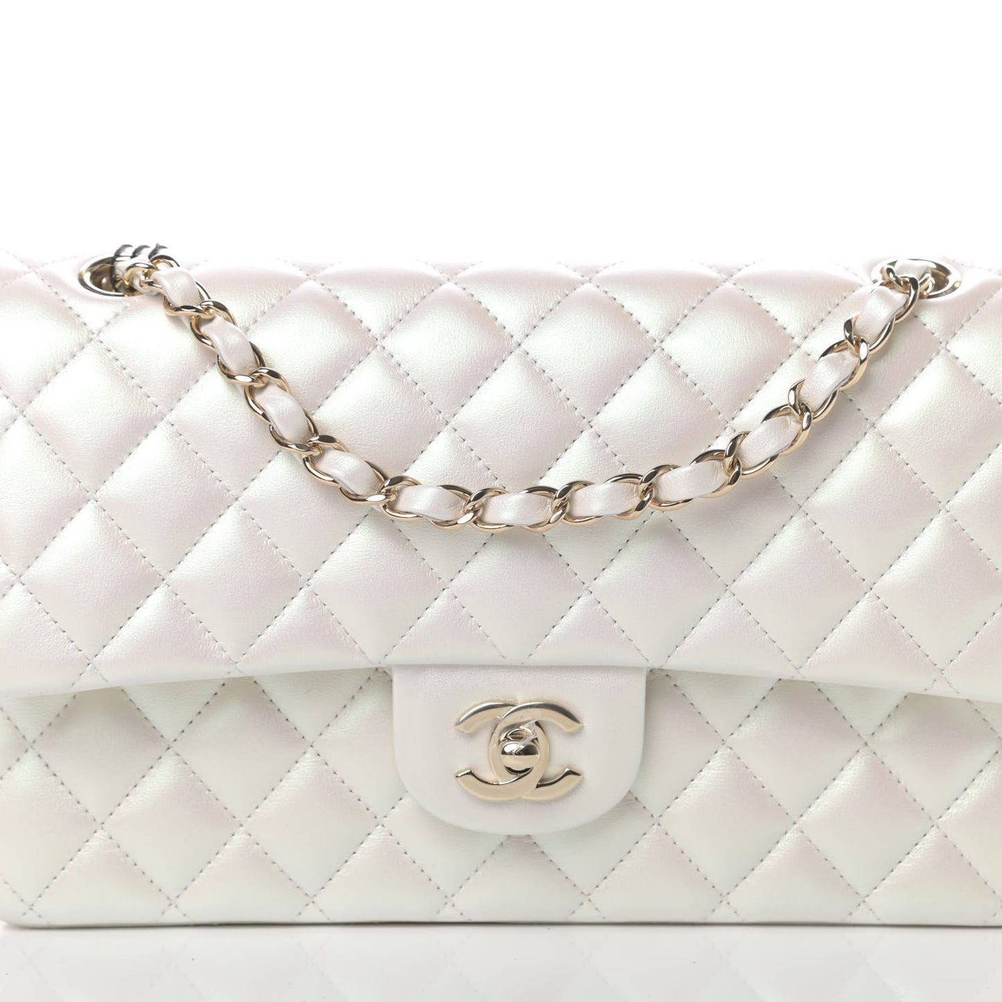 Iridescent Lambskin Quilted Medium Double Flap Ivory