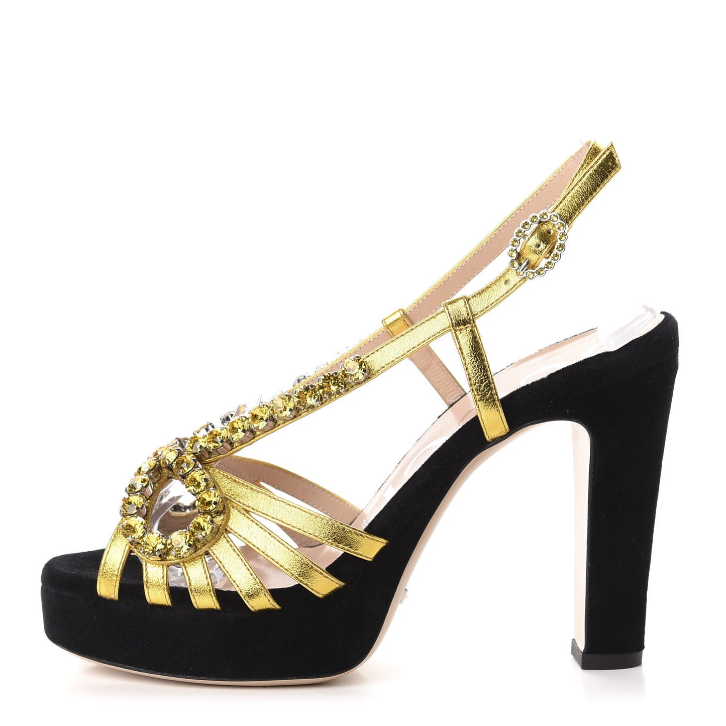 Velvet Nappa Crystal Zephyra Slingback Platform High Heel Sandals 36 Black Gold