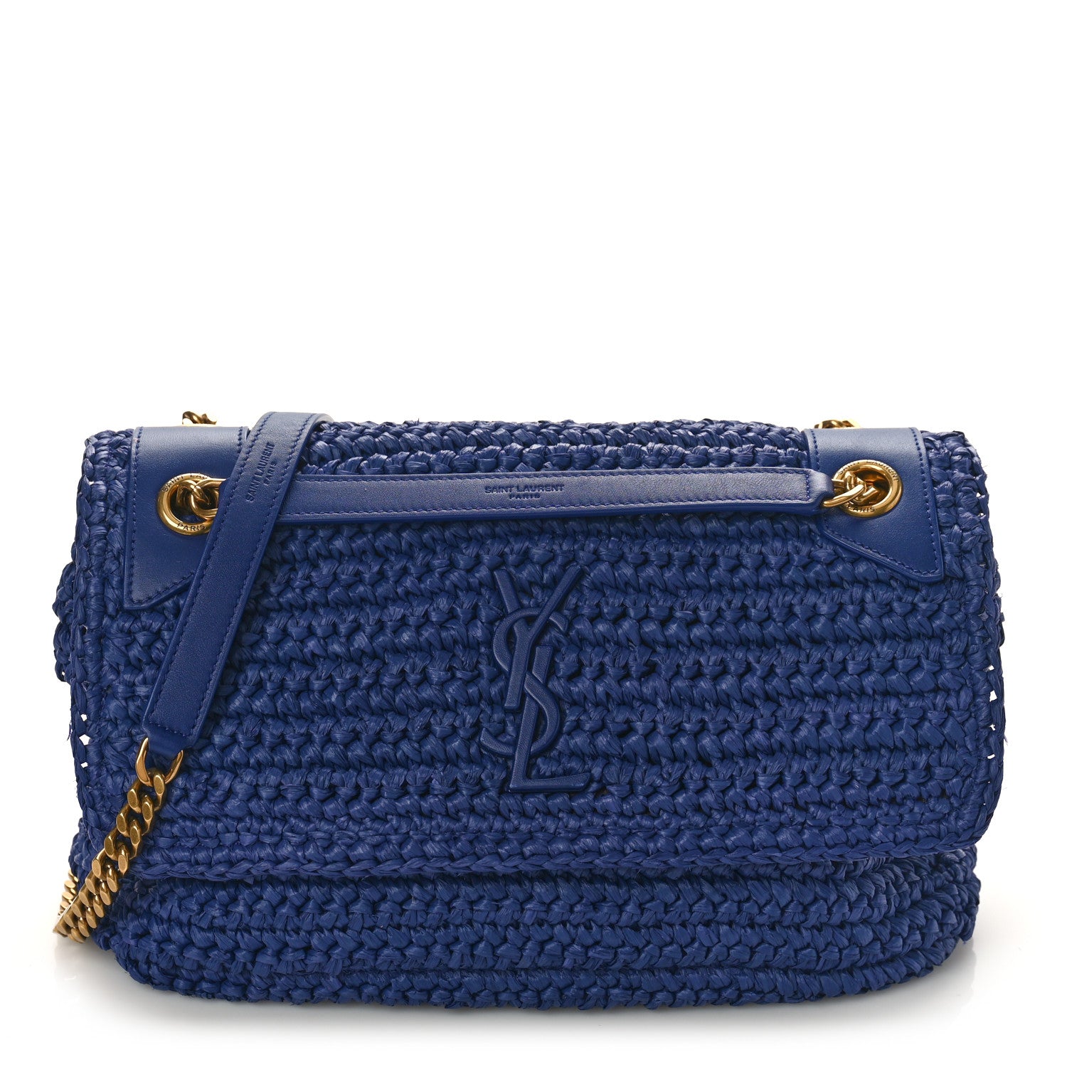 Saint Laurent Raffia Calfskin Monogram Medium Niki Chain Satchel Blue 1 of 10