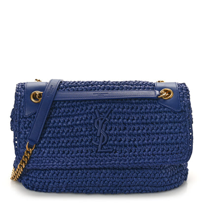 Saint Laurent Raffia Calfskin Monogram Medium Niki Chain Satchel Blue 1 of 10