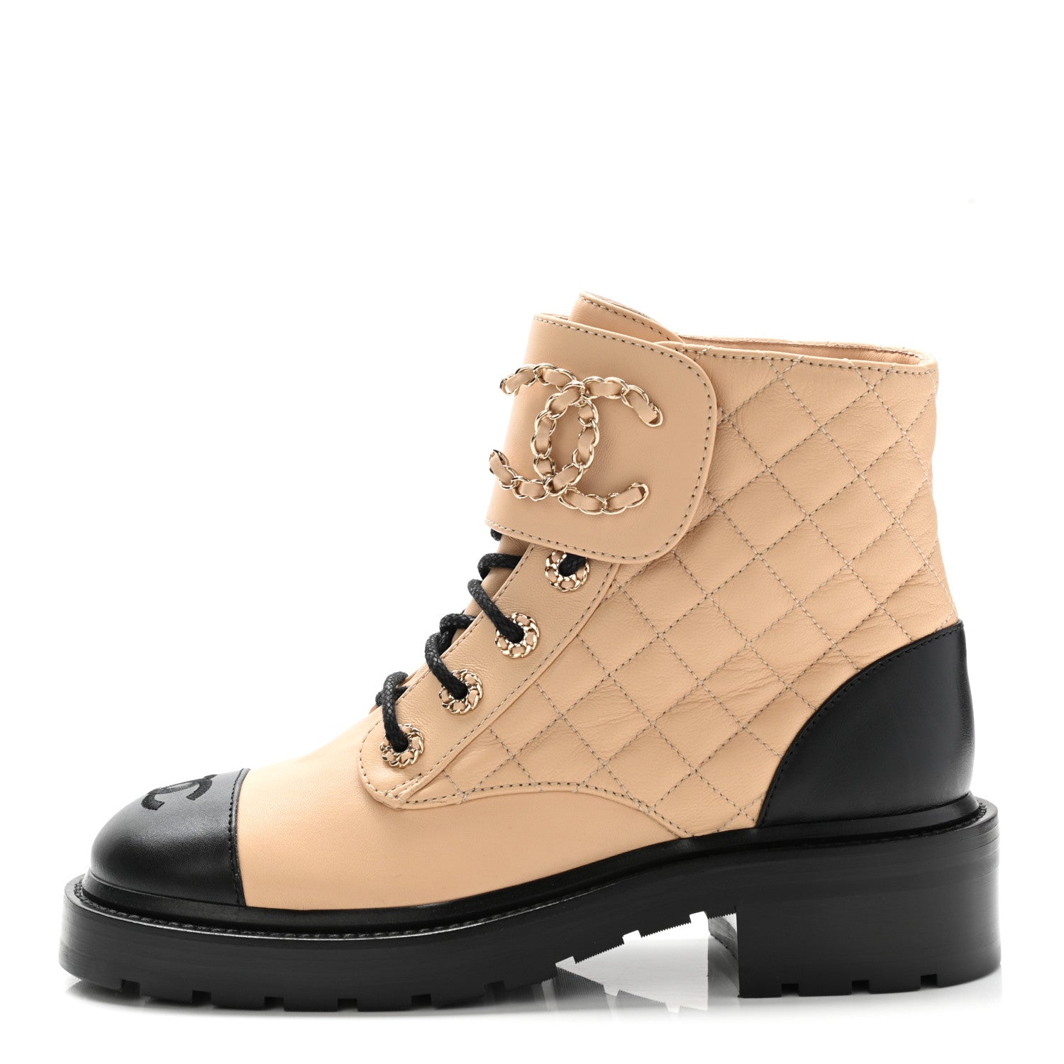 Chanel Lambskin Calfskin Quilted Lace Up Combat Boots 37.5 Beige Black 1 of 14