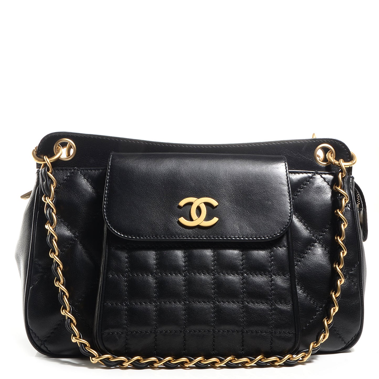 Calfskin Chocolate Bar Quilted Small Shoulder Bag Black