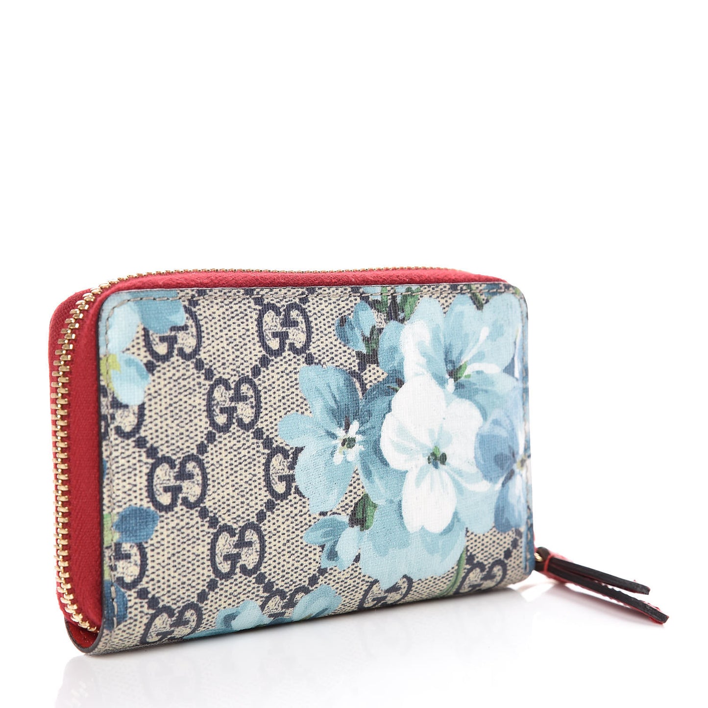 GG Supreme Monogram Blooms Zip Around Card Case Wallet Beige Blue Navy Hibiscus Red