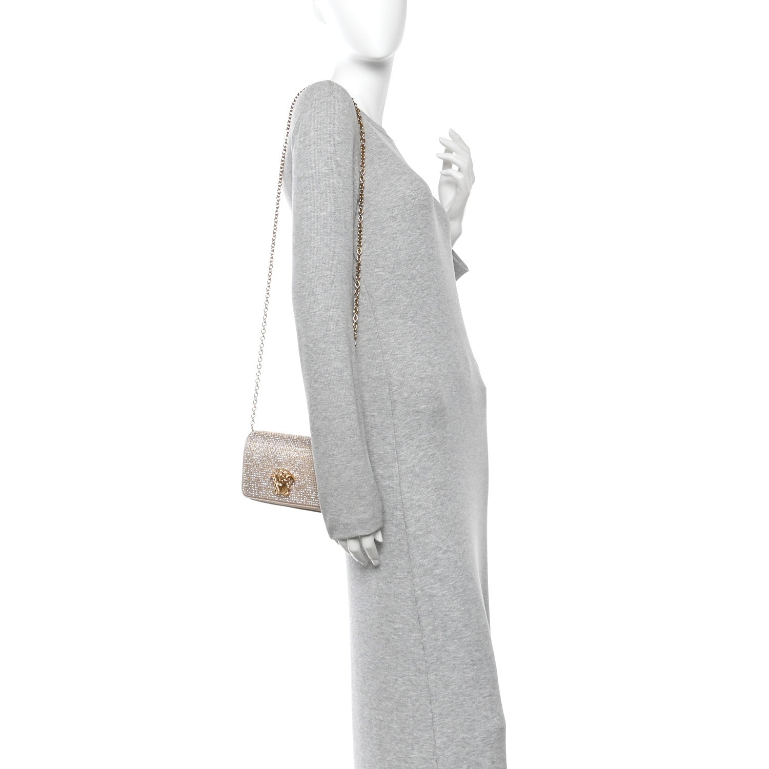 Versace Satin Crystal Medusa Chain Clutch Beige 2 of 10