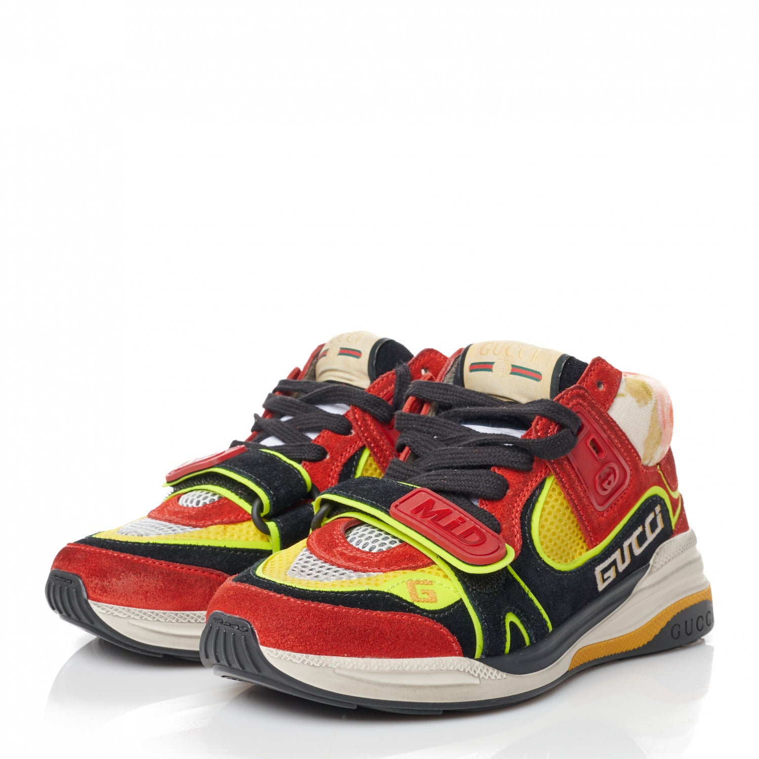 Gucci Suede Calfskin Womens Ultrapace Mid Top Sneakers 34 Hibiscus Red Black Neon Yellow Yolk 3 of 8