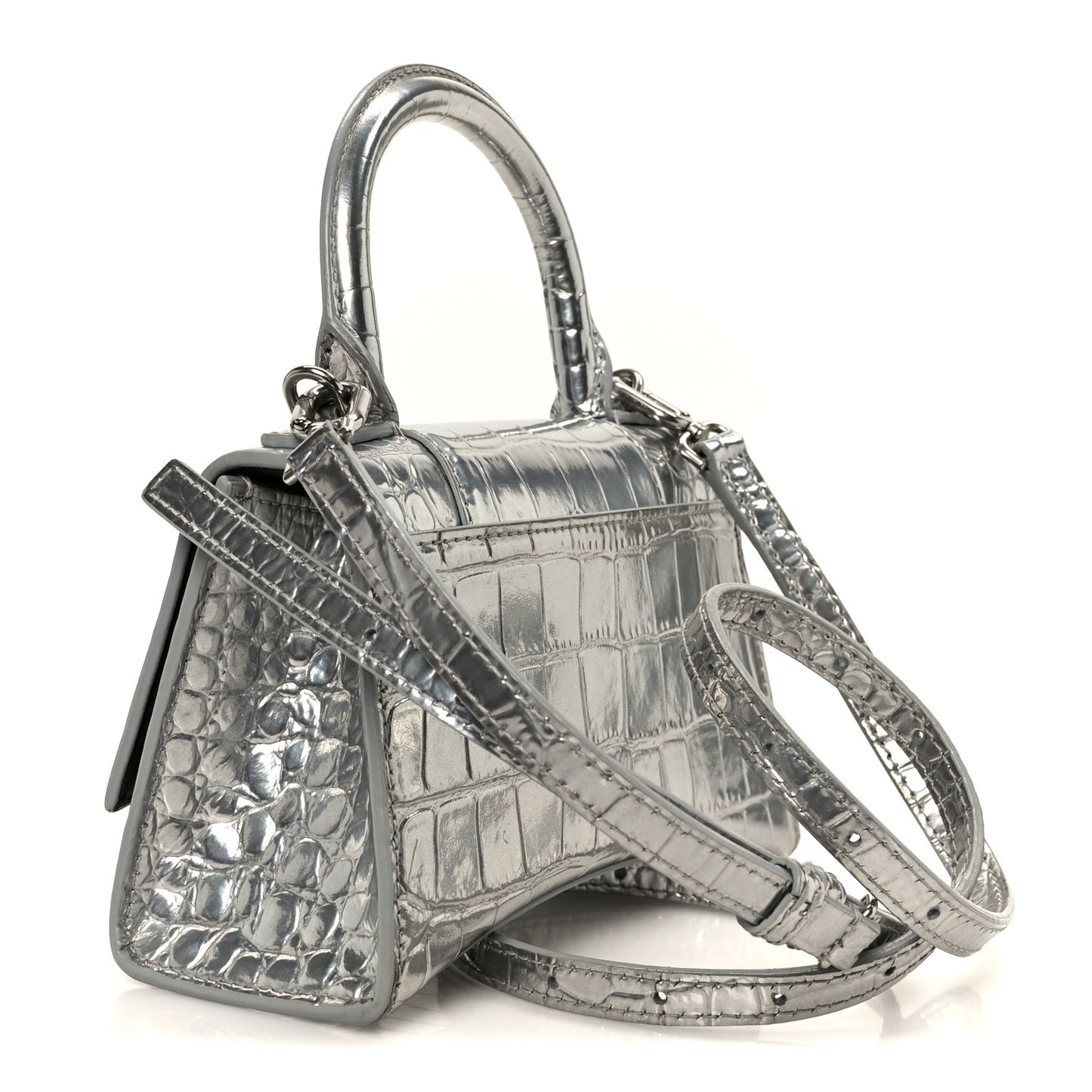 Metallic Calfskin Crocodile Embossed Hourglass Top Handle Bag XS Silver