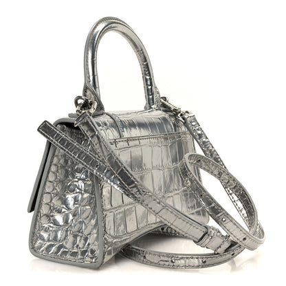 Balenciaga Metallic Calfskin Crocodile Embossed Hourglass Top Handle Bag XS Silver 3 of 10