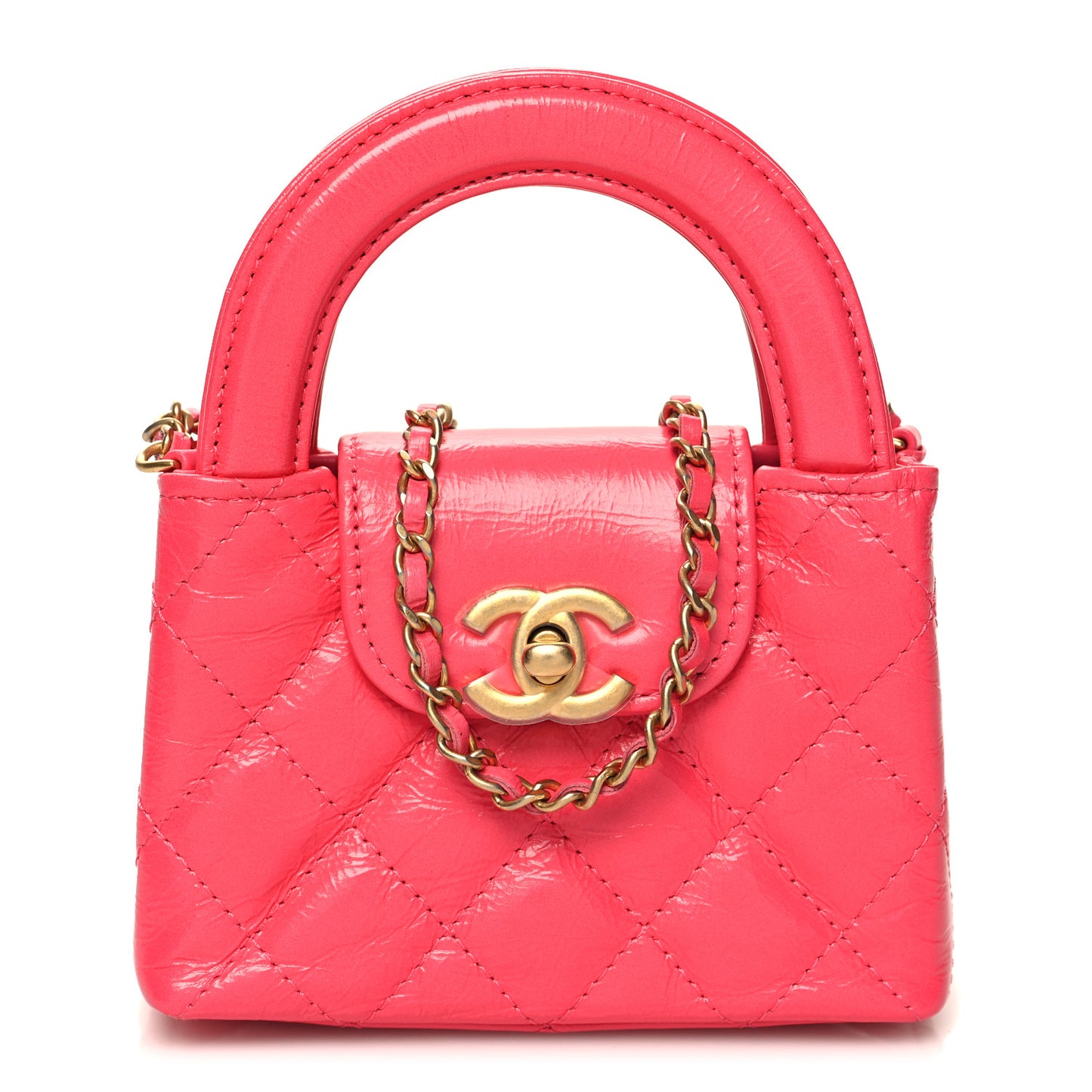 Shiny Aged Calfskin Quilted Mini Nano Kelly Shopper Dark Pink