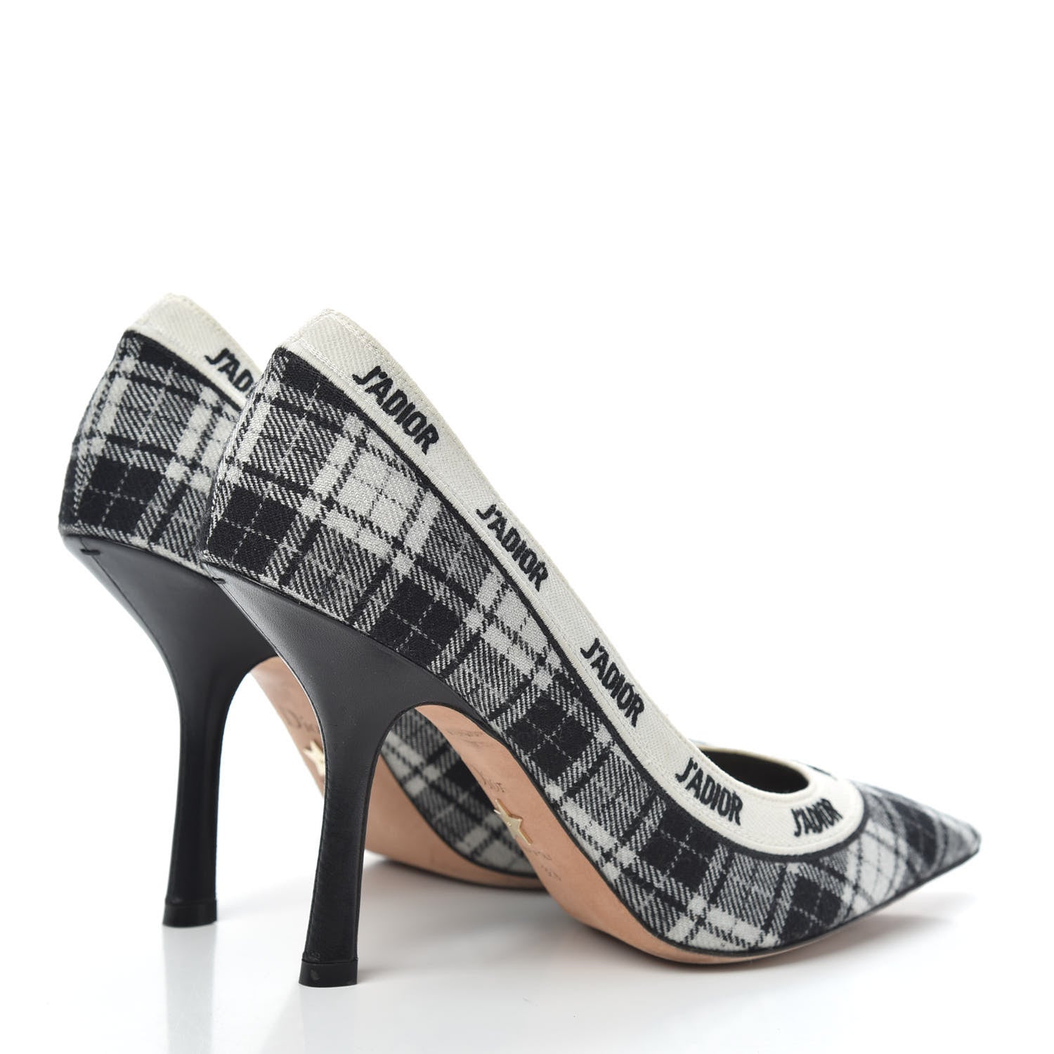 Christian Dior Canvas Ribbon Tartan Print Embroidered J'Adior 100mm Pumps 38.5 Black Off White 4 of 11