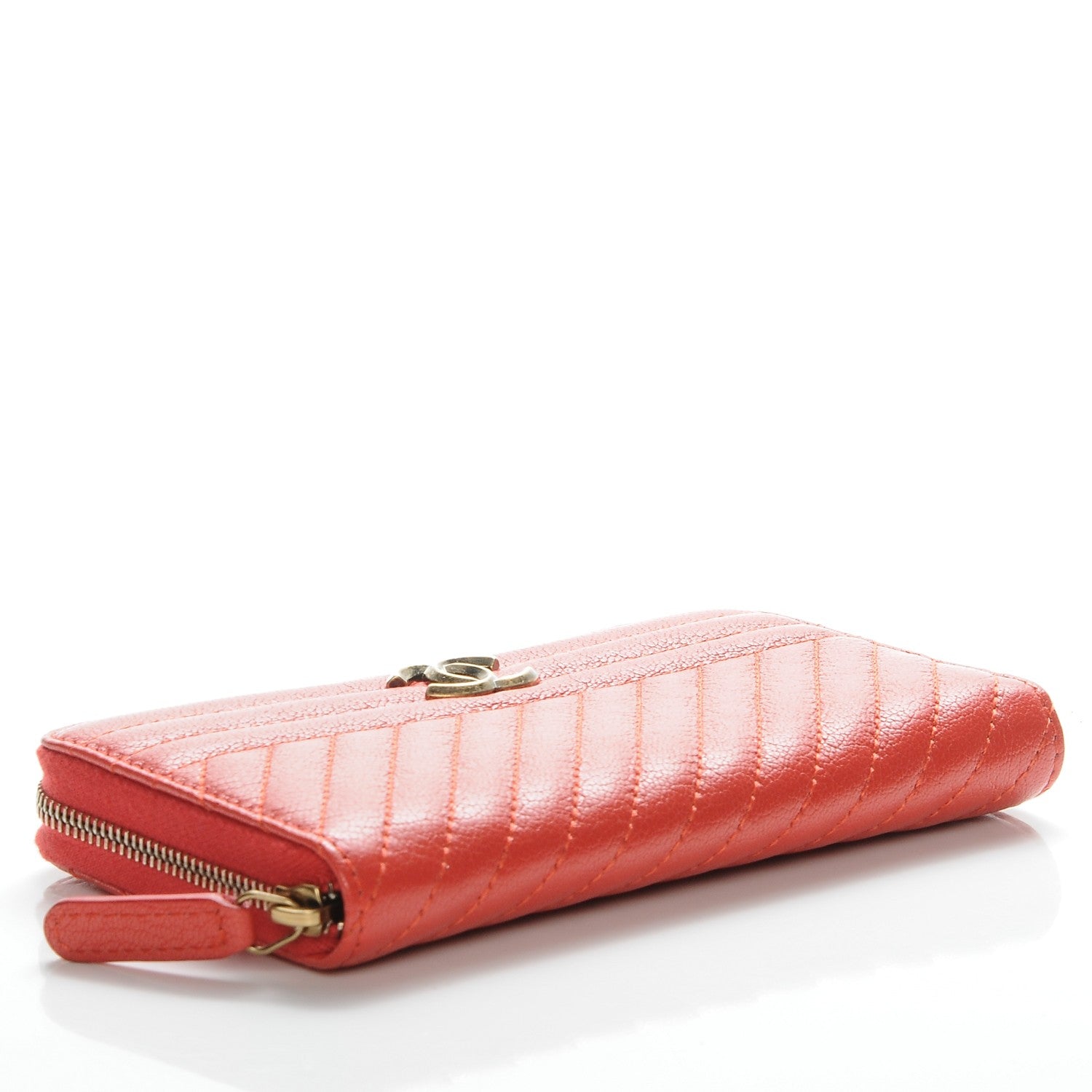 Chanel Shiny Goatskin Diagonal Quilted Small Zip Around Wallet Red 4 of 7