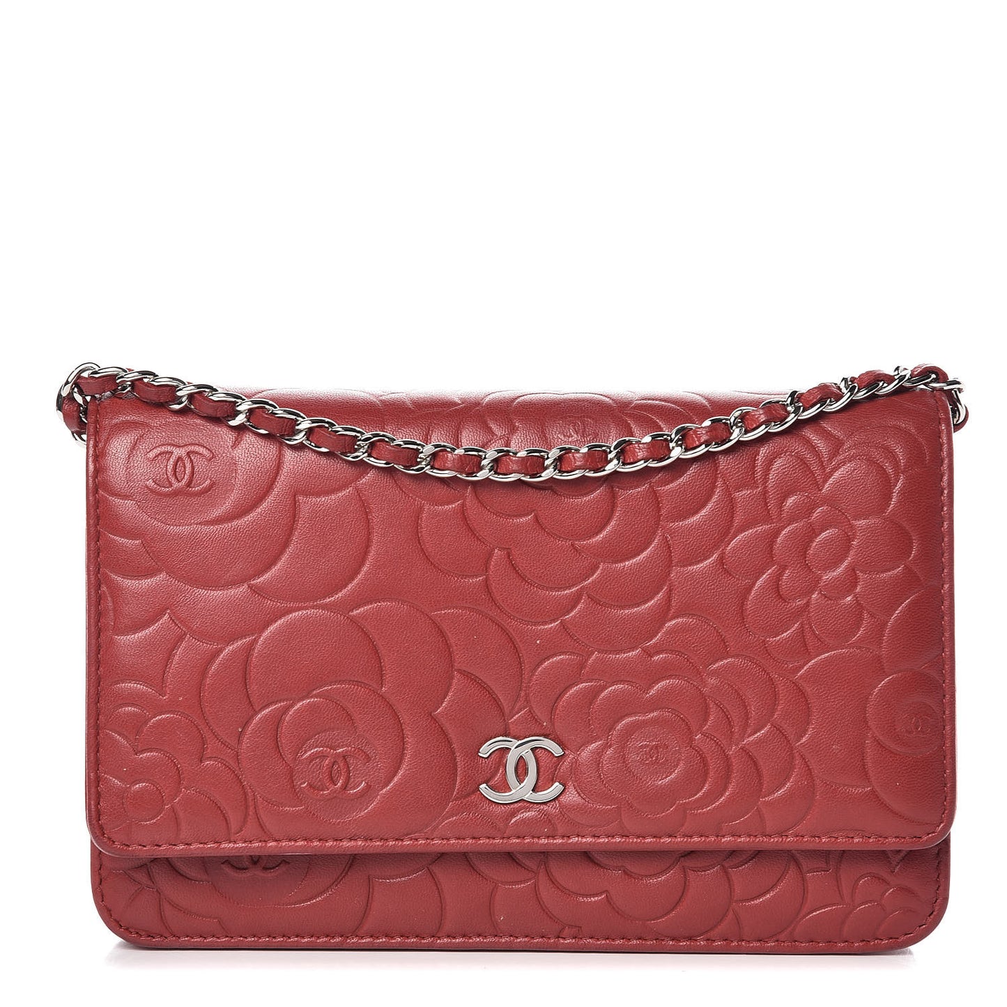 Lambskin Camellia Embossed Wallet On Chain WOC Red