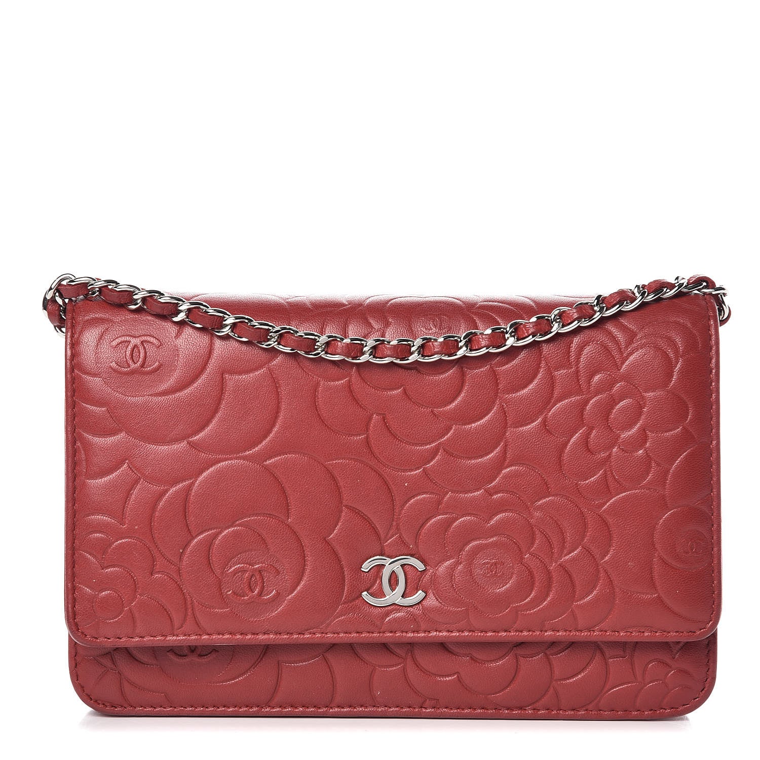 Chanel Lambskin Camellia Embossed Wallet On Chain WOC Red 1 of 17