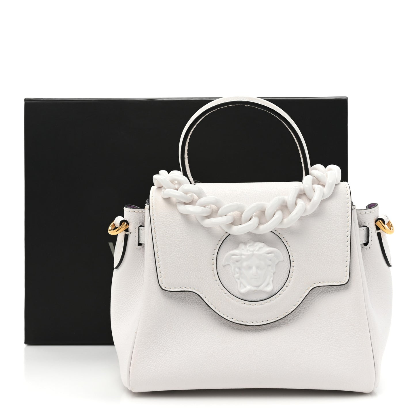 Grained Calfskin Small La Medusa Top Handle Bag White