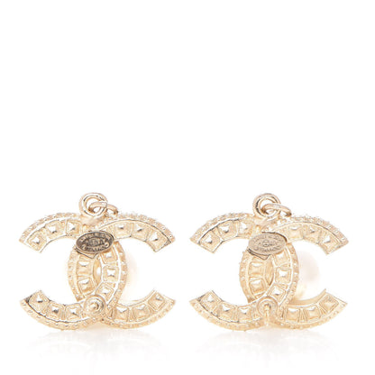 Chanel Crystal Pearl CC Drop Earrings Light Gold 3 of 5