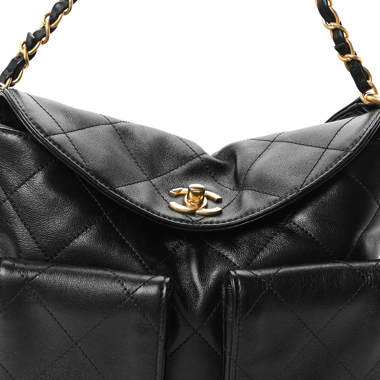 Shiny Calfskin Quilted Small Supple Twins Hobo Bag Black